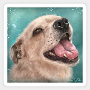 Painting of a Happy Blond Labrador Smiling on Light Blue Background Sticker